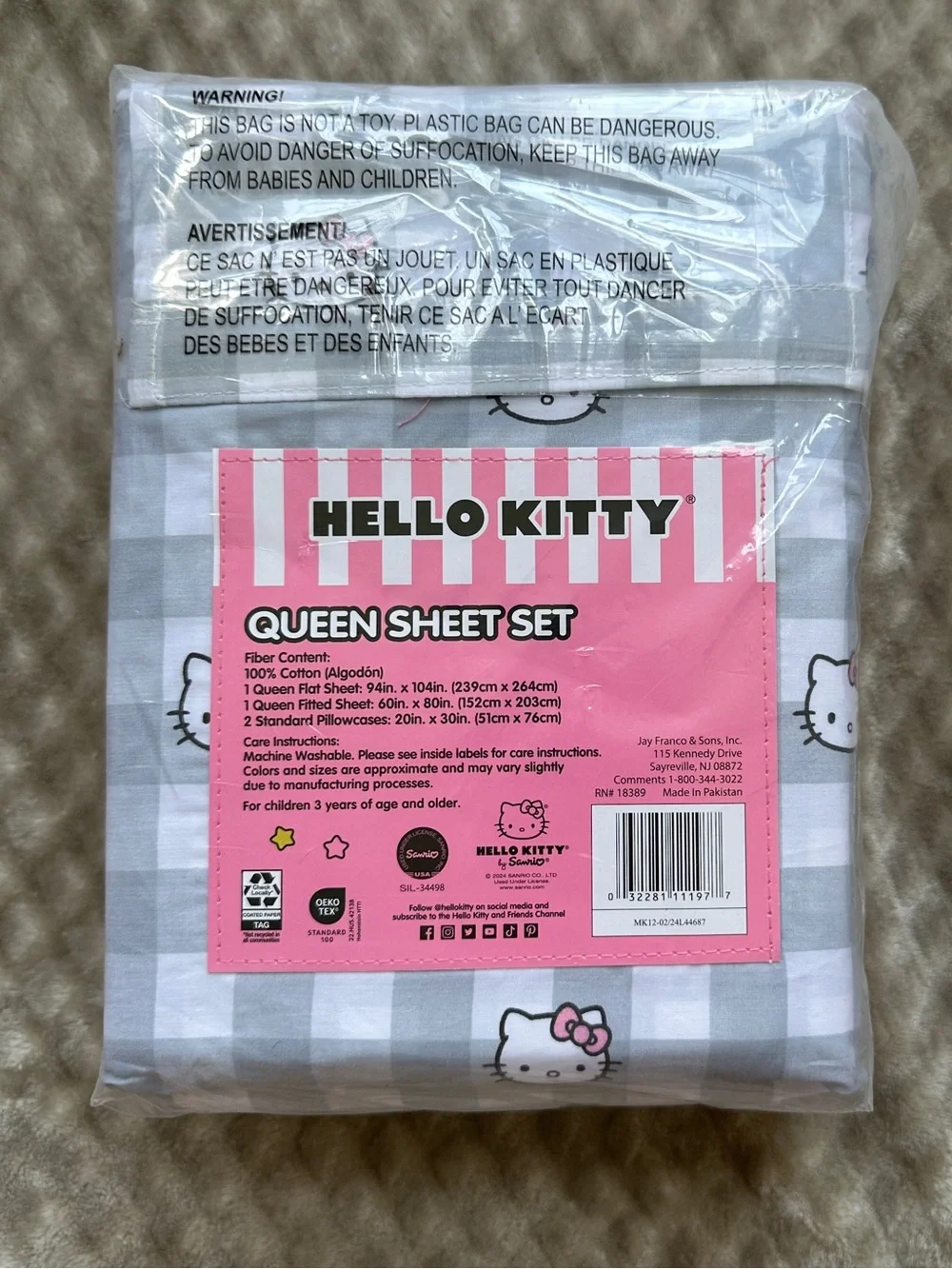 Hello Kitty Gray Gingham Plaid Queen Sheet Set